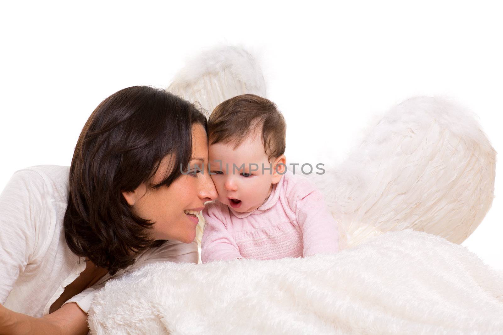 baby girl angel with feather white wings and mother on white fur
