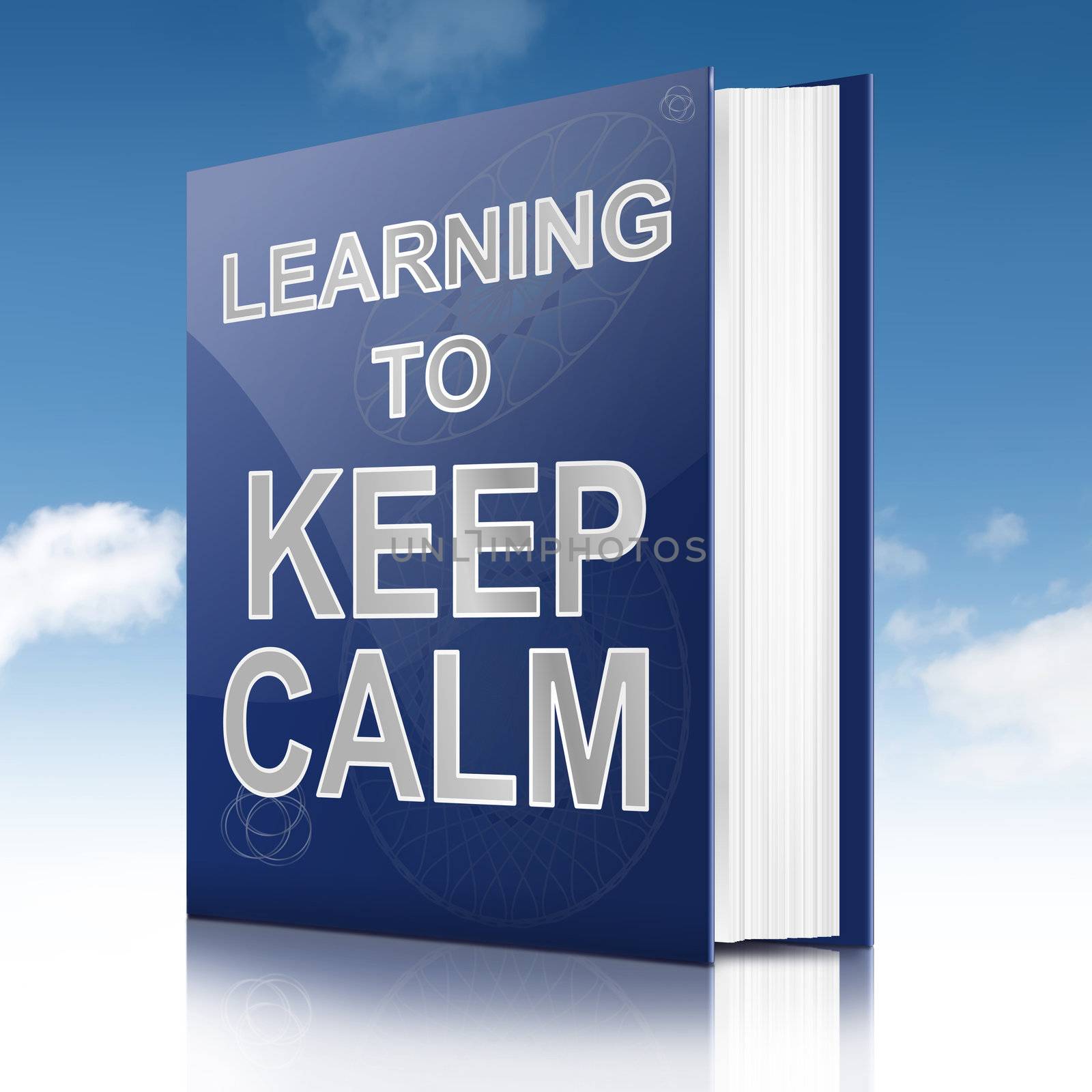 Illustration depicting a book with a keep calm concept title. Sky background.