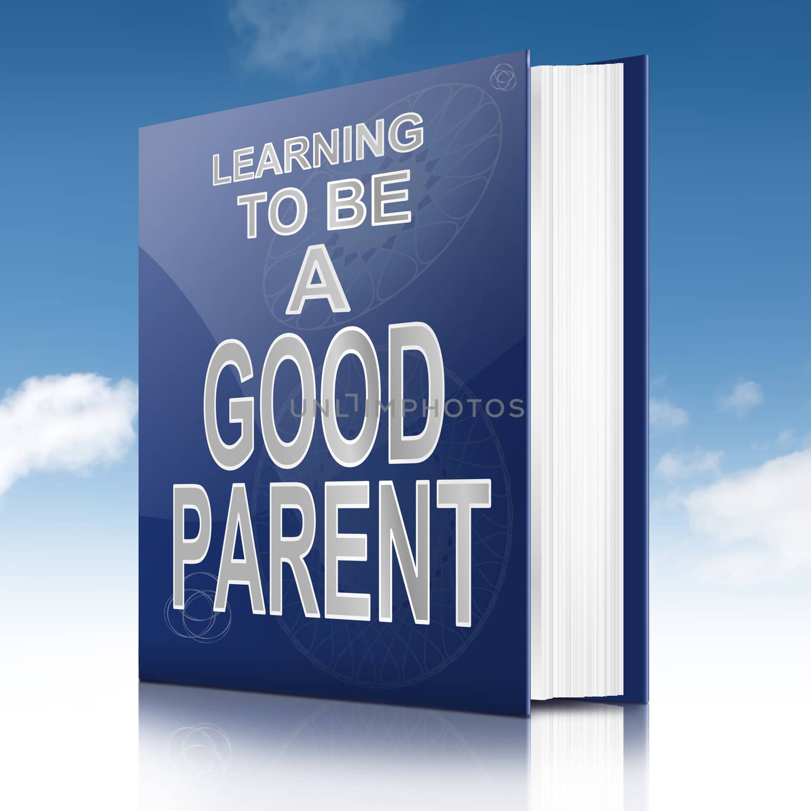 Illustration depicting a book with a parenting concept title. Sky background.