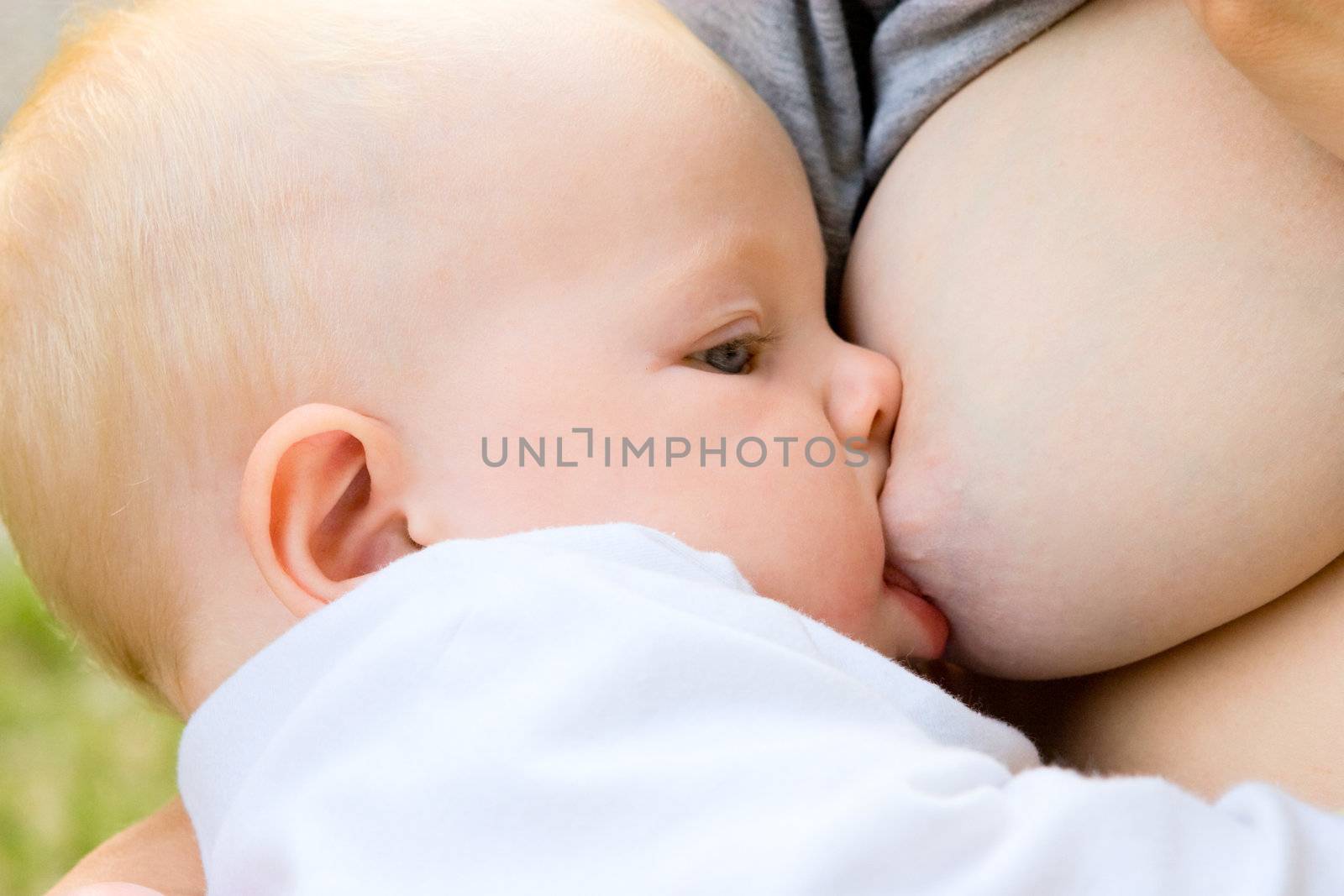 child of one and year old sucks a breast of mom