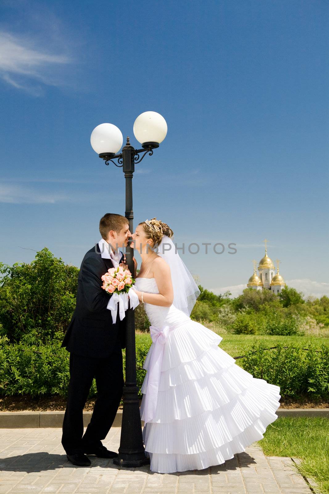 bride and groom kissing in the park