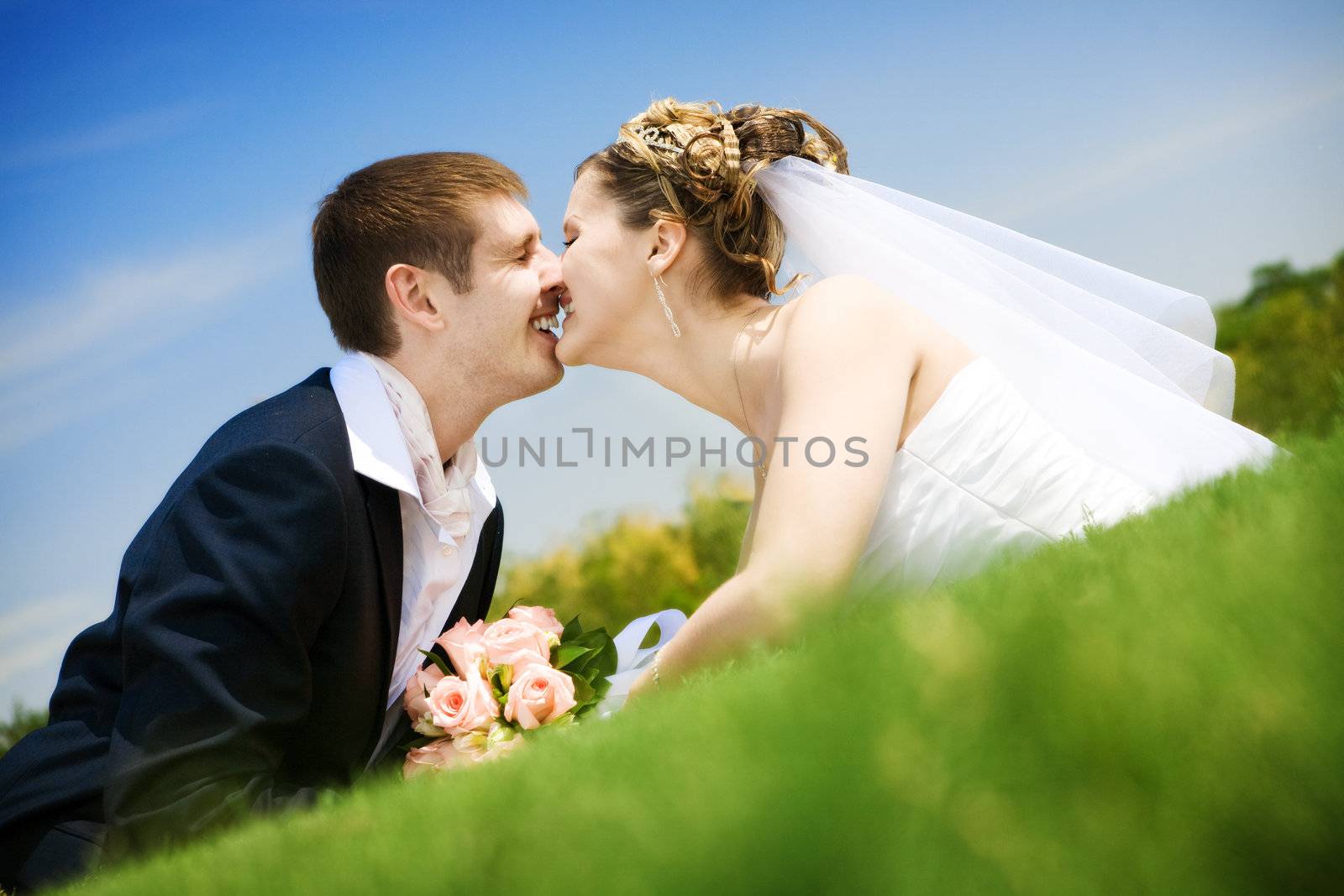 bride and groom kissing in the park