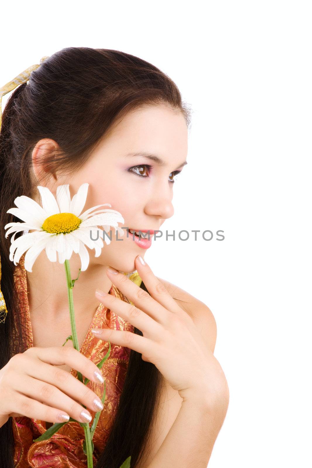 studio shot of girl with chamomile