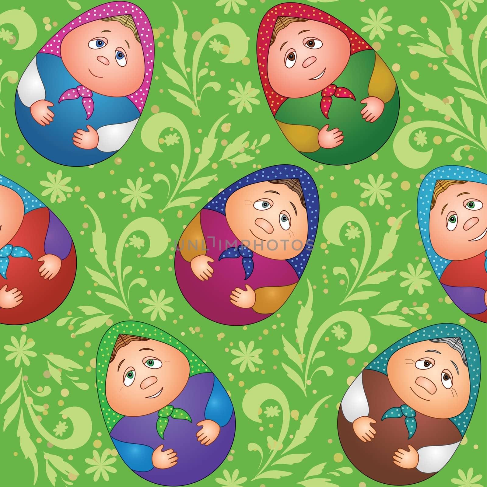 Seamless background, Russian traditional national wooden dolls Matreshka in the form of Easter eggs and green floral pattern.