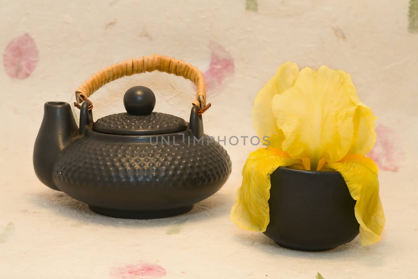  Yellow iris and black teapot and cup by foryouinf