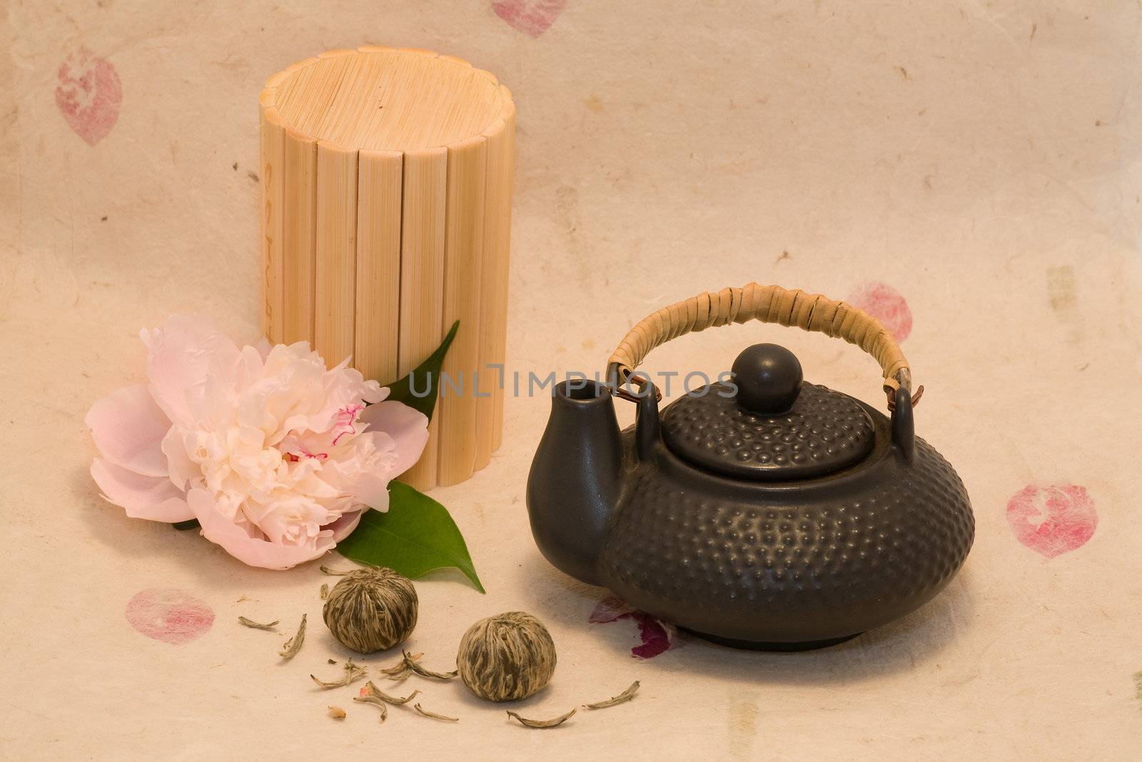 Black teapot,  tea and peony by foryouinf