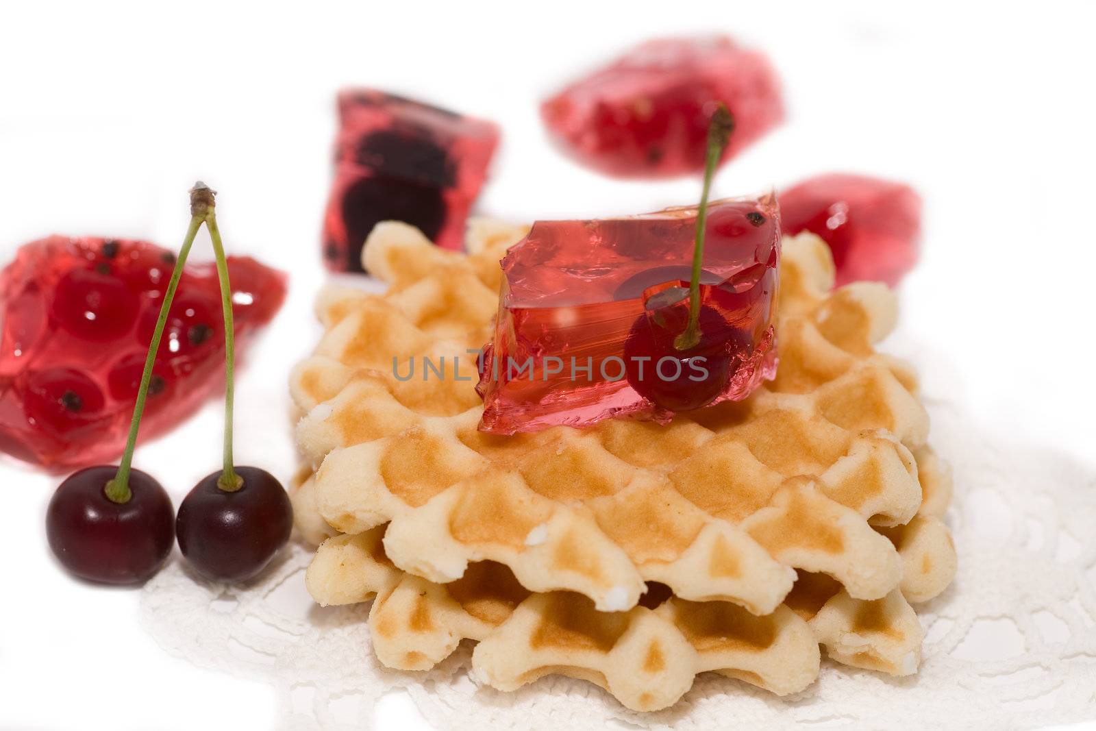 dessert consist of currant, cherry and waffles