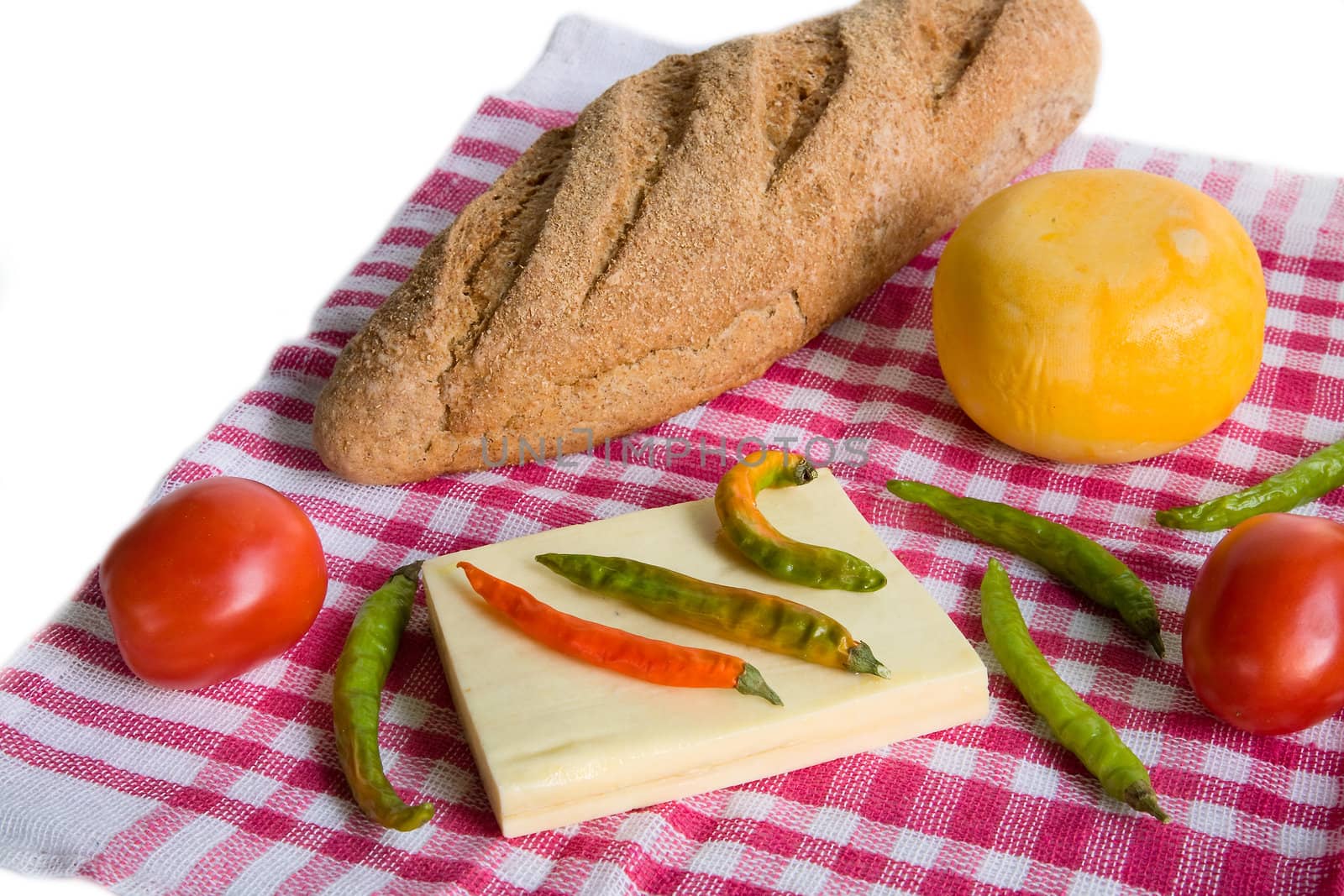 fresh homegrown vegetables, bread and chees by foryouinf