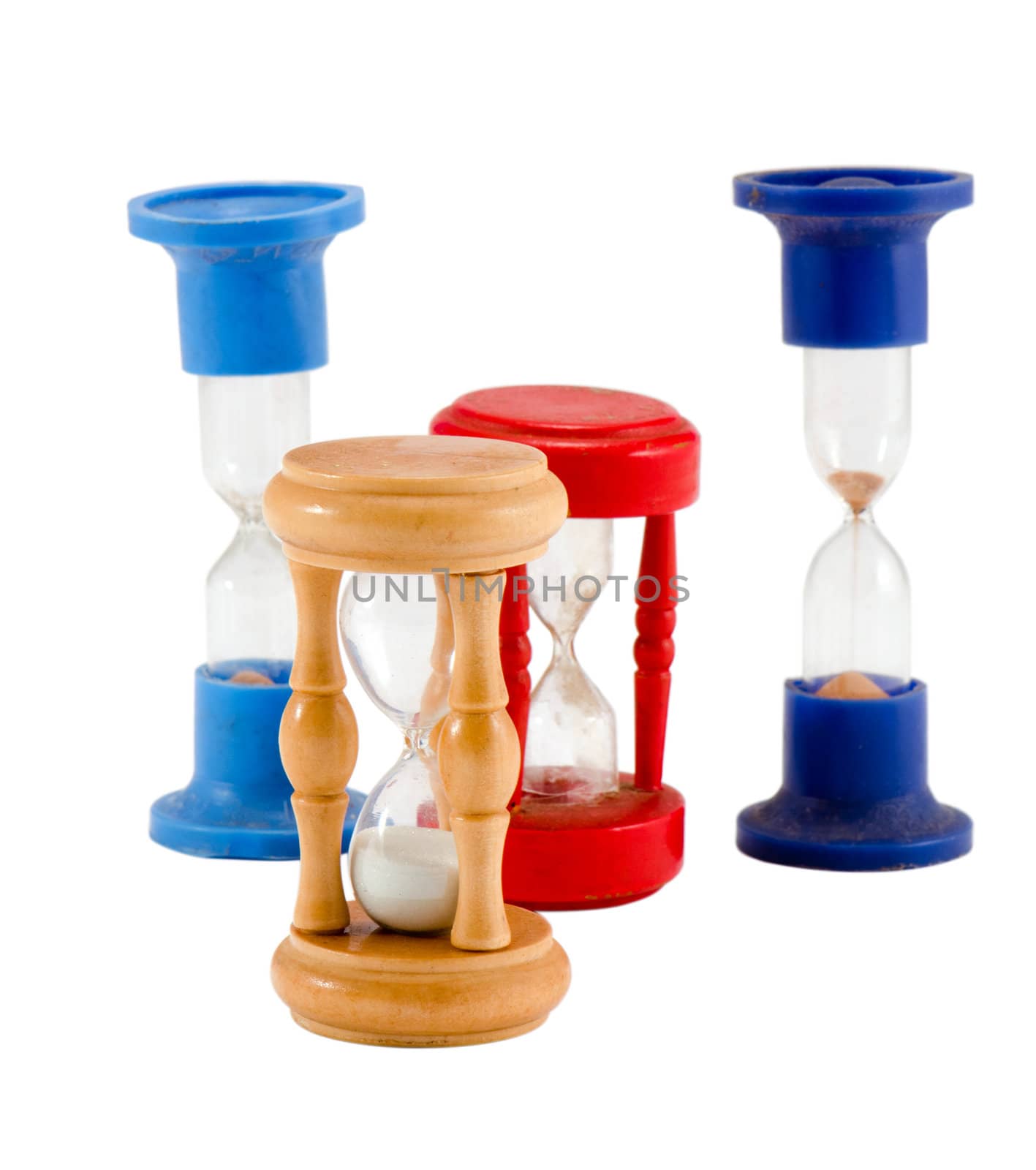 different sand glass clocks timers isolated white by sauletas