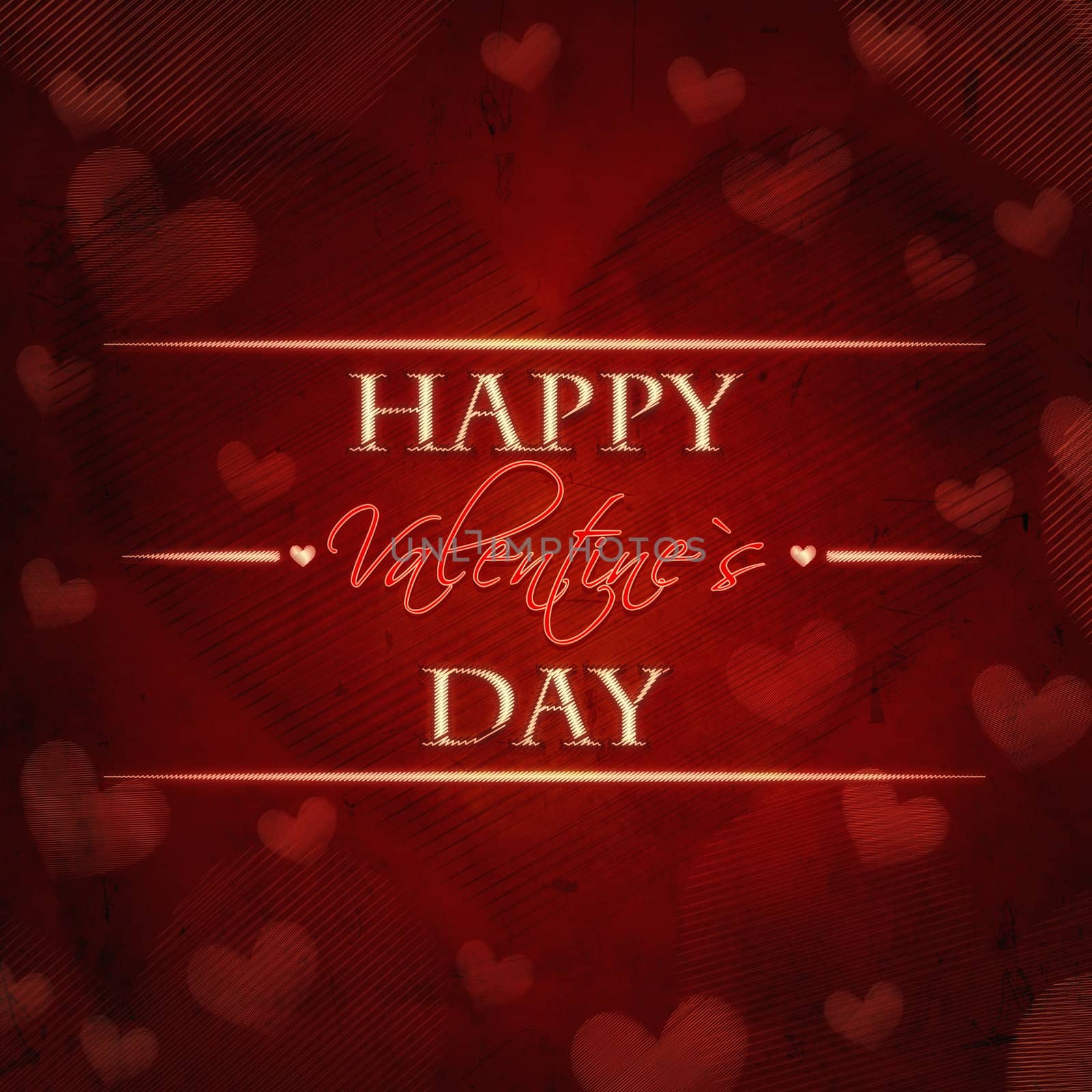 text happy valentines day, abstract red background, retro card with illustrated striped hearts