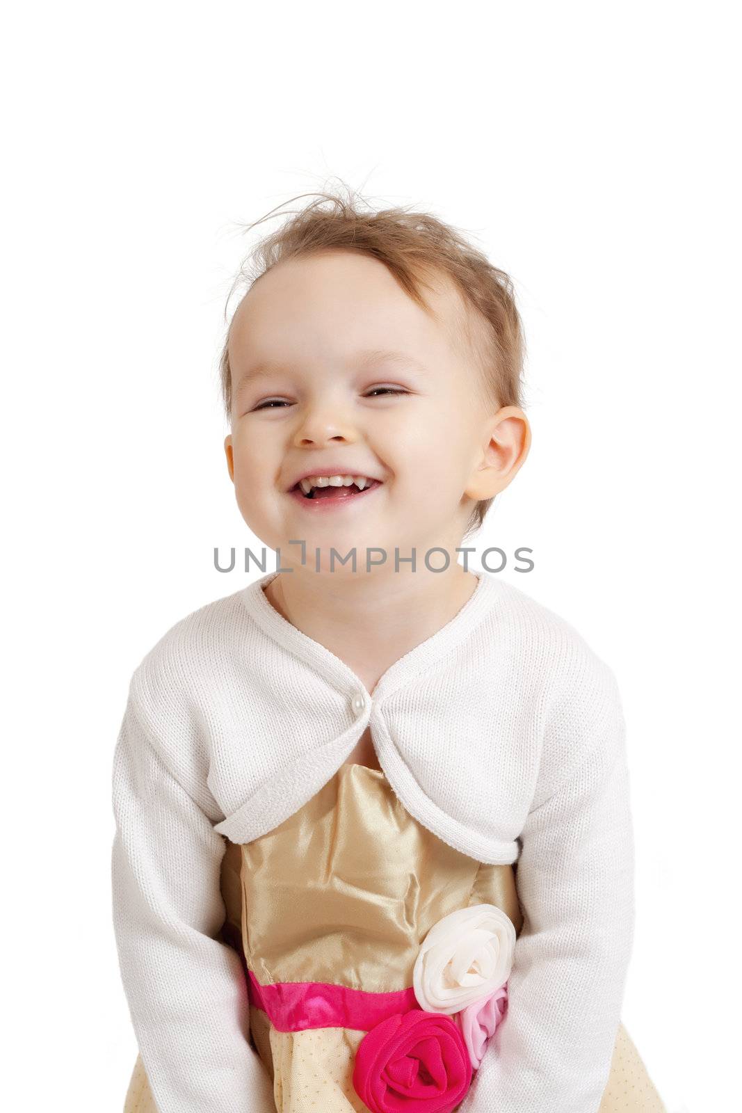 portrait of an happy smiling and laughing little blonde girl isolated on white background