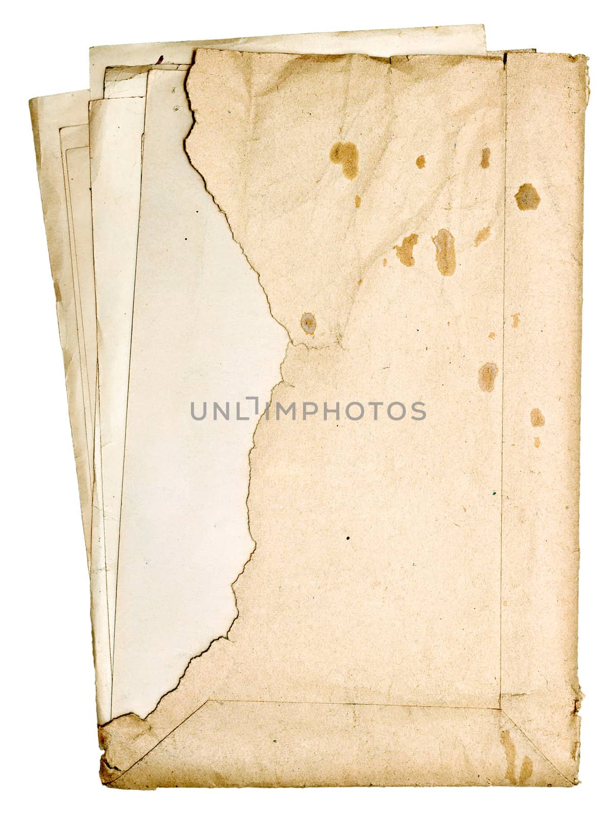 stack of old papers in a torn envelope isolated on white background