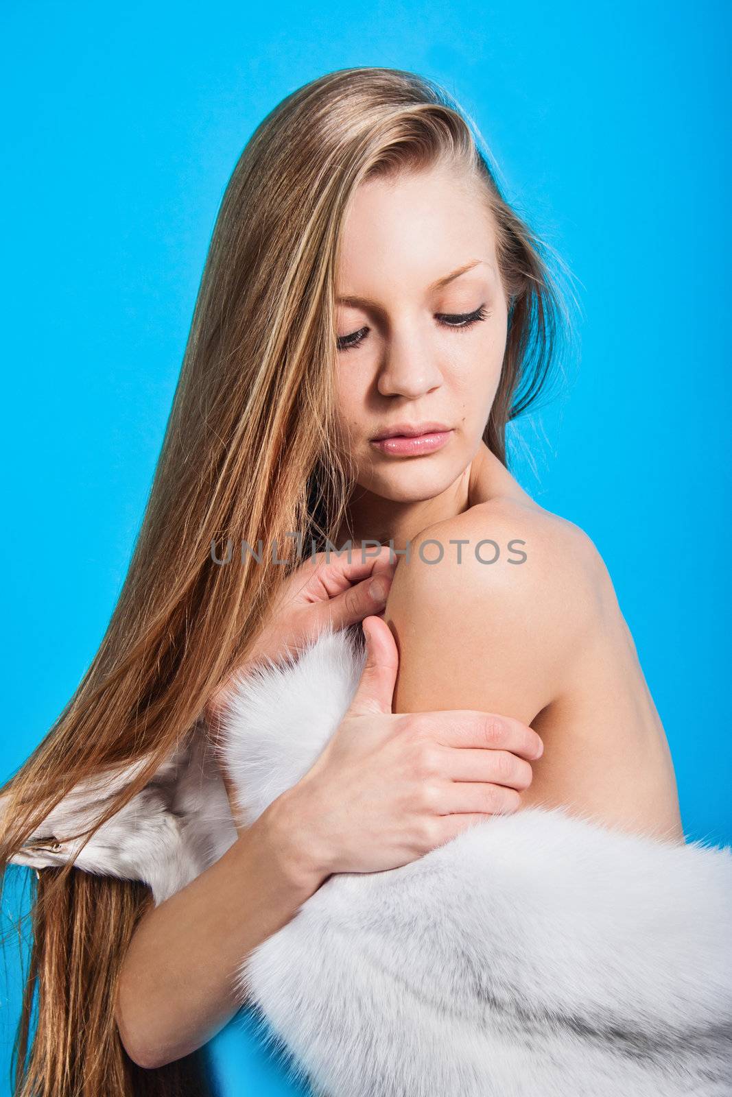 Winter Girl with snow fur, blue background