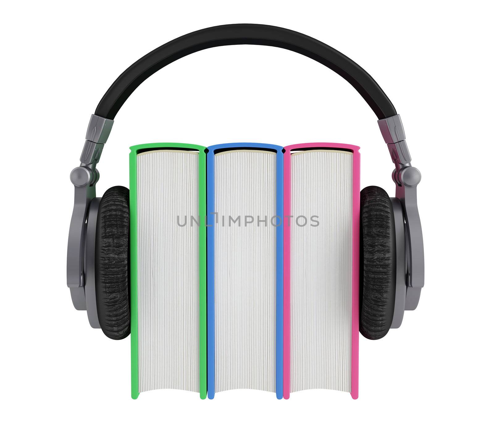 Headphones worn by the three colorful books