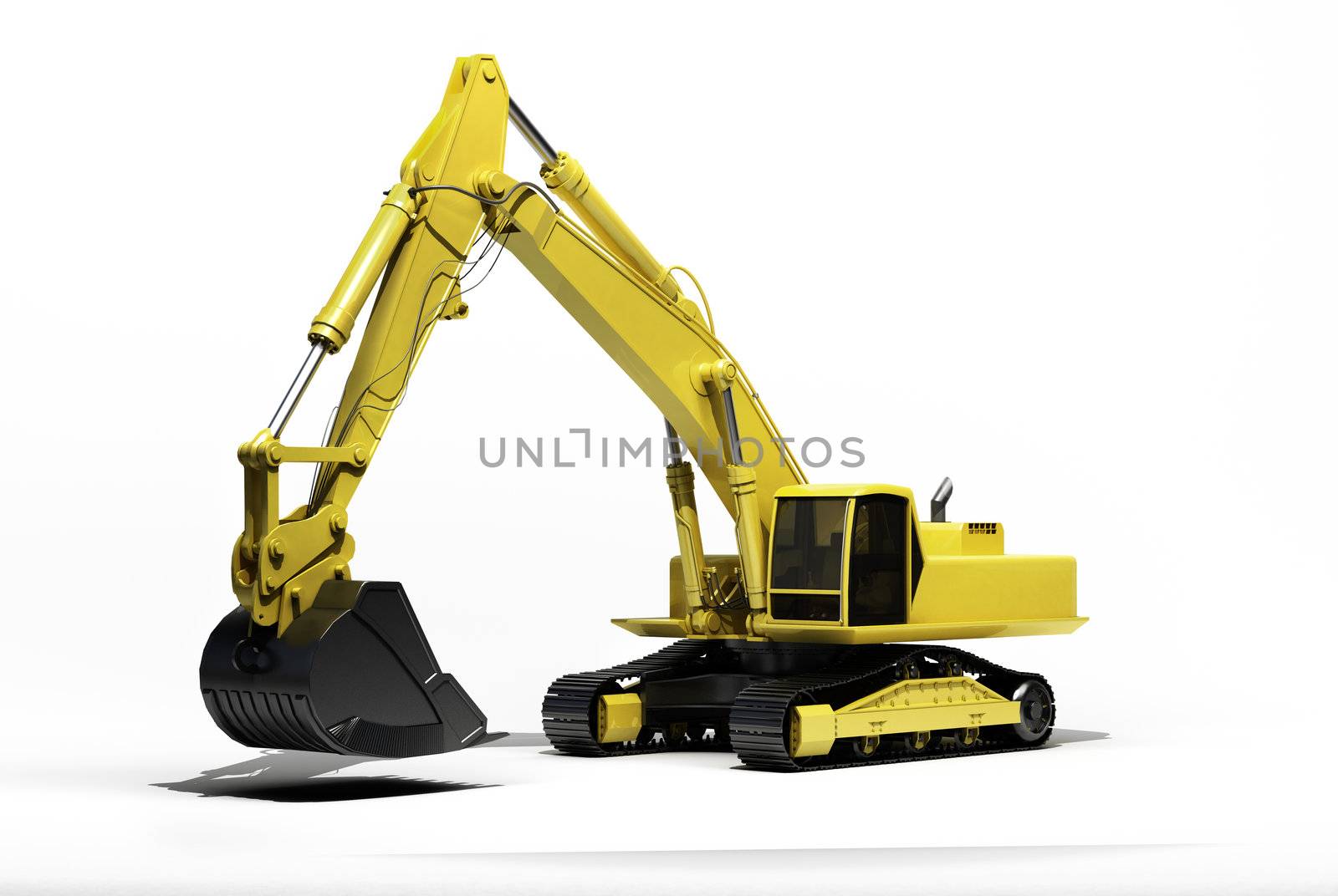 Excavator on a white background, with reflection and shadow