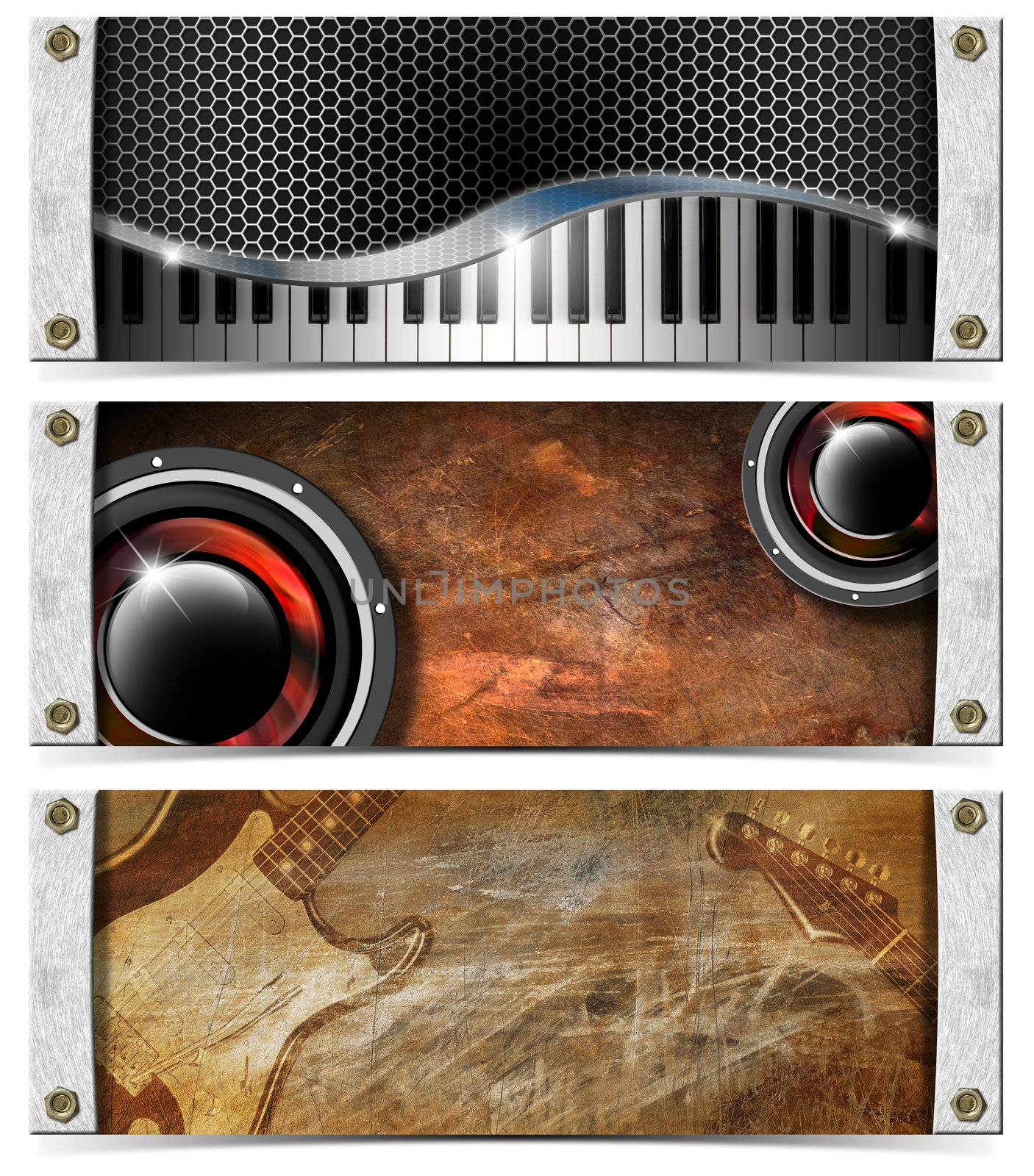 Three horizontal grunge music banners or headers with guitar, piano and woofer

