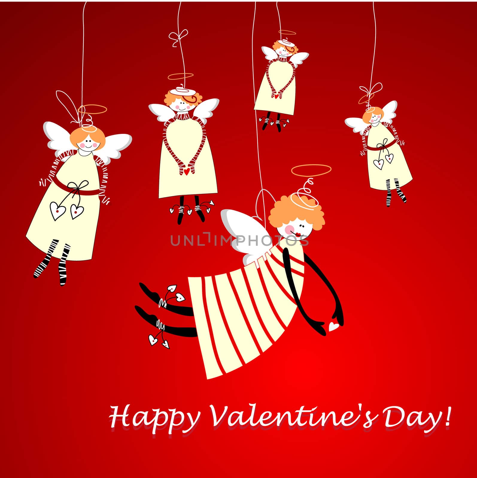 Template greeting - Happy Valentine's Day! Angels with hearts on a red background. Vector illustration.