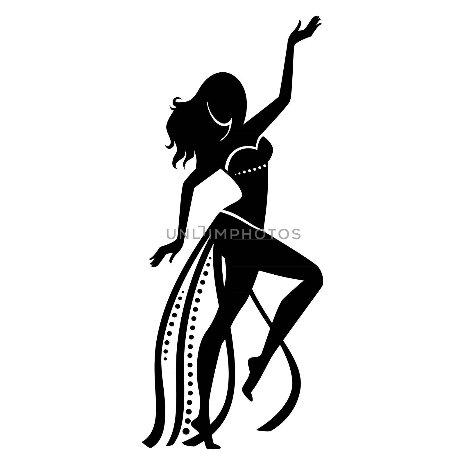 black silhouette of a woman dancing belly dance on a white background