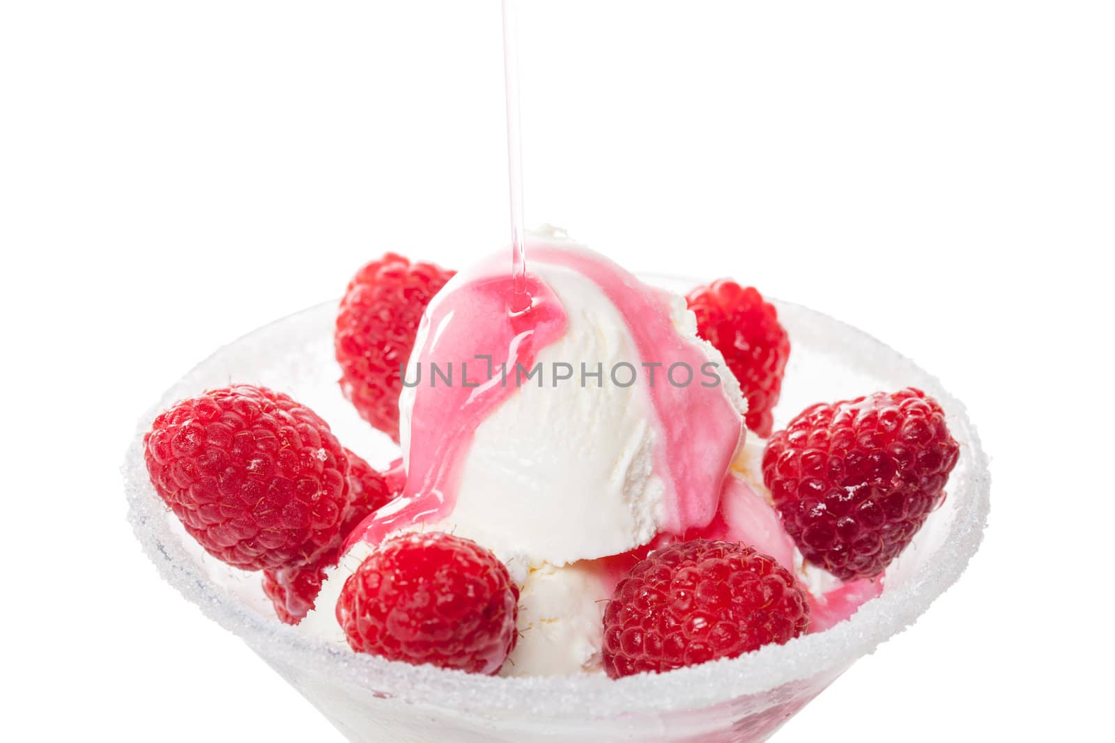 Ice Cream with Raspberries, isolated on white, closeup