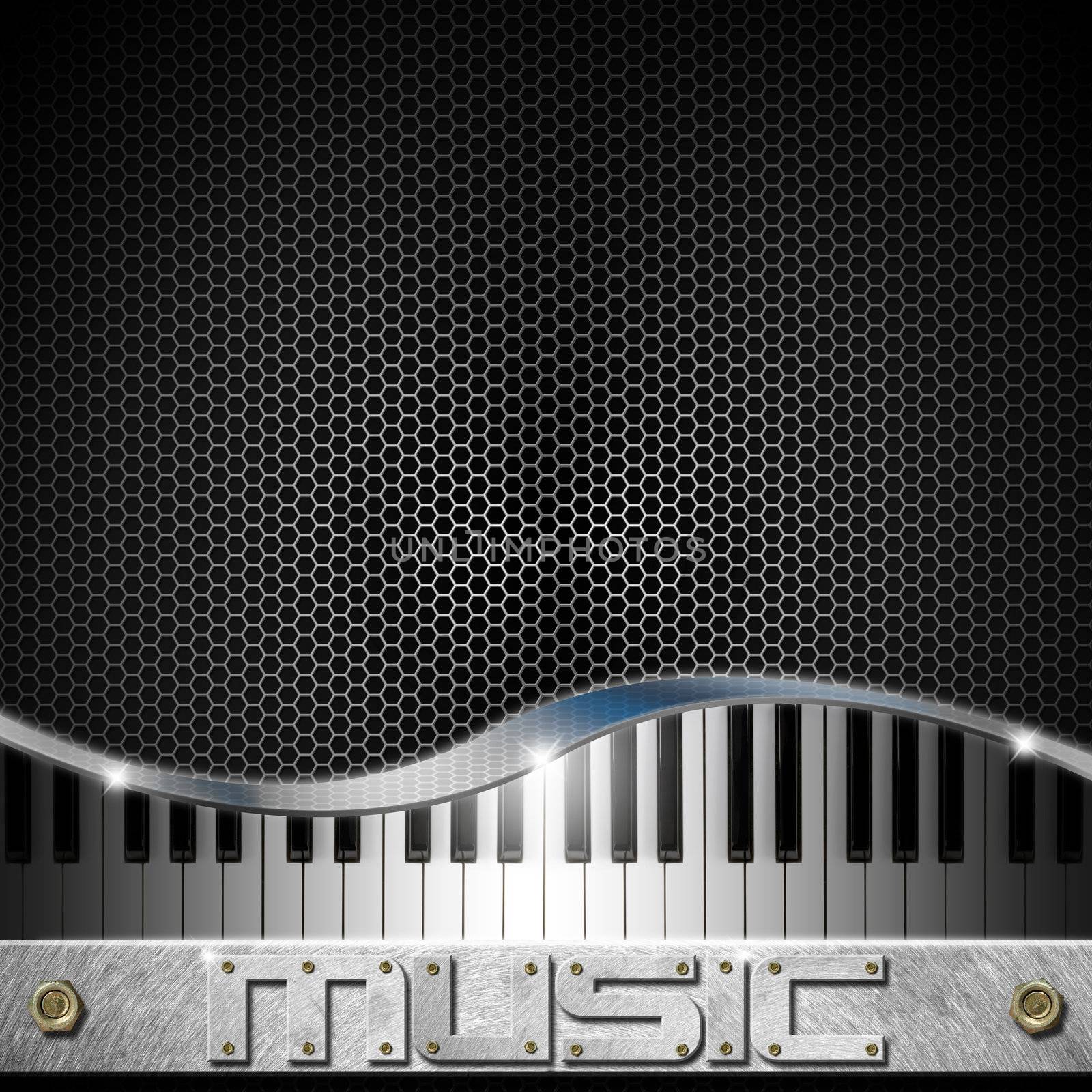 Music black background with hexagons, piano and written music
