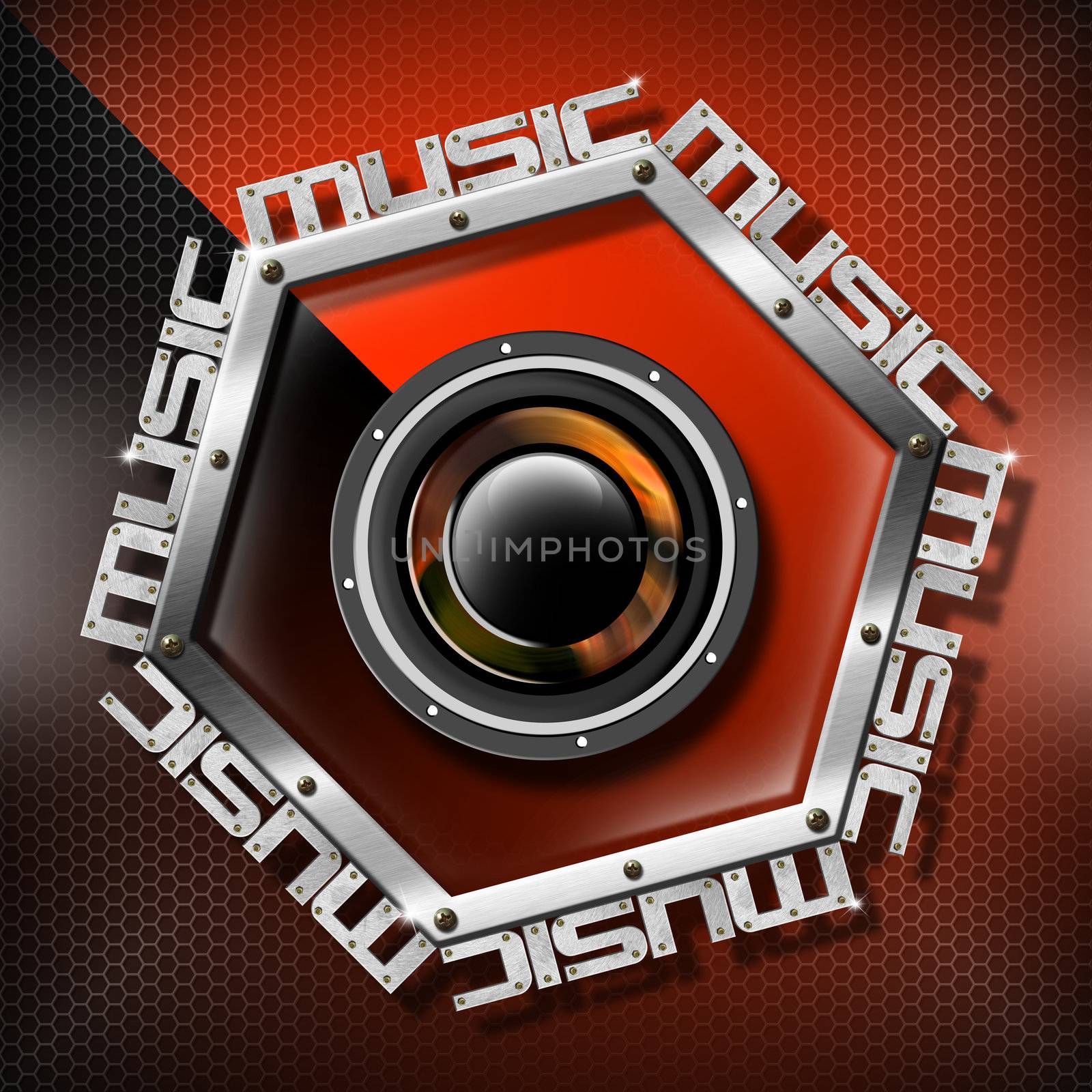 Music red background with metal hexagon, woofer and written music