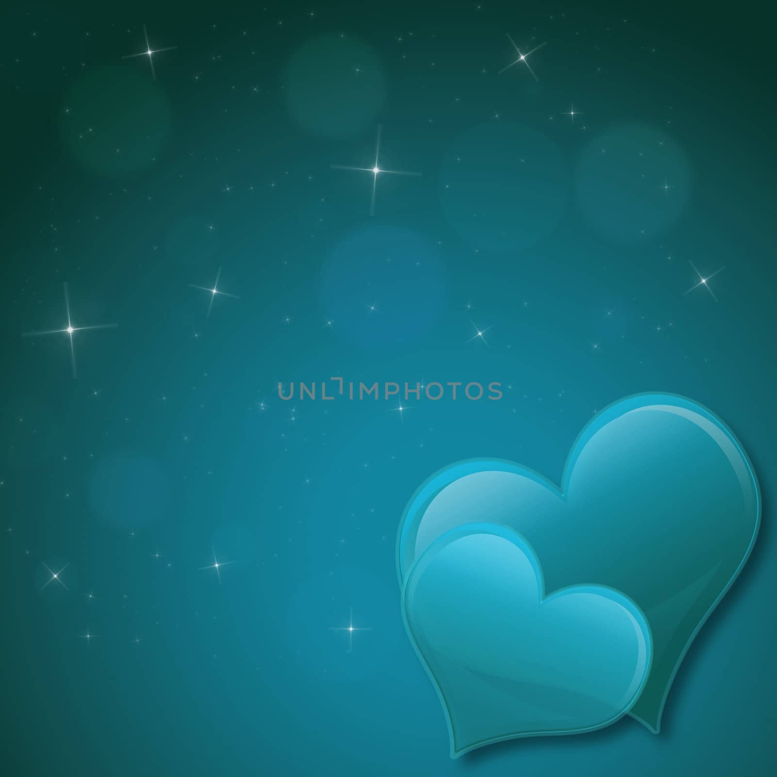 Valentines Day Card with hearts and stars  in green turquois