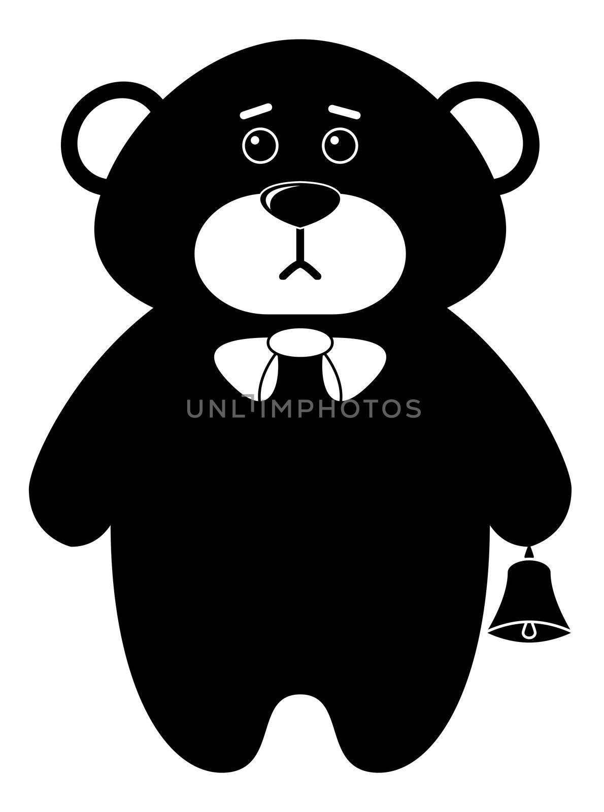 Toy teddy bear a tilde with a bell, black contours on white background.