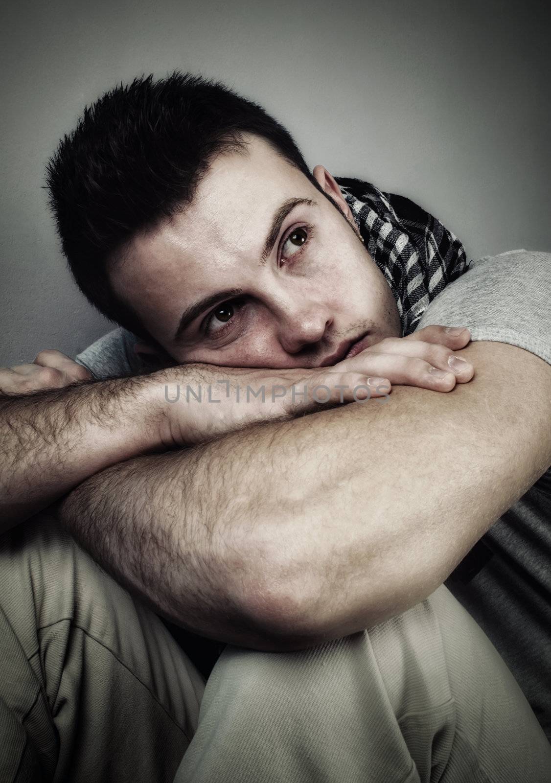 Young man who is lonely and desolate-High contrast image