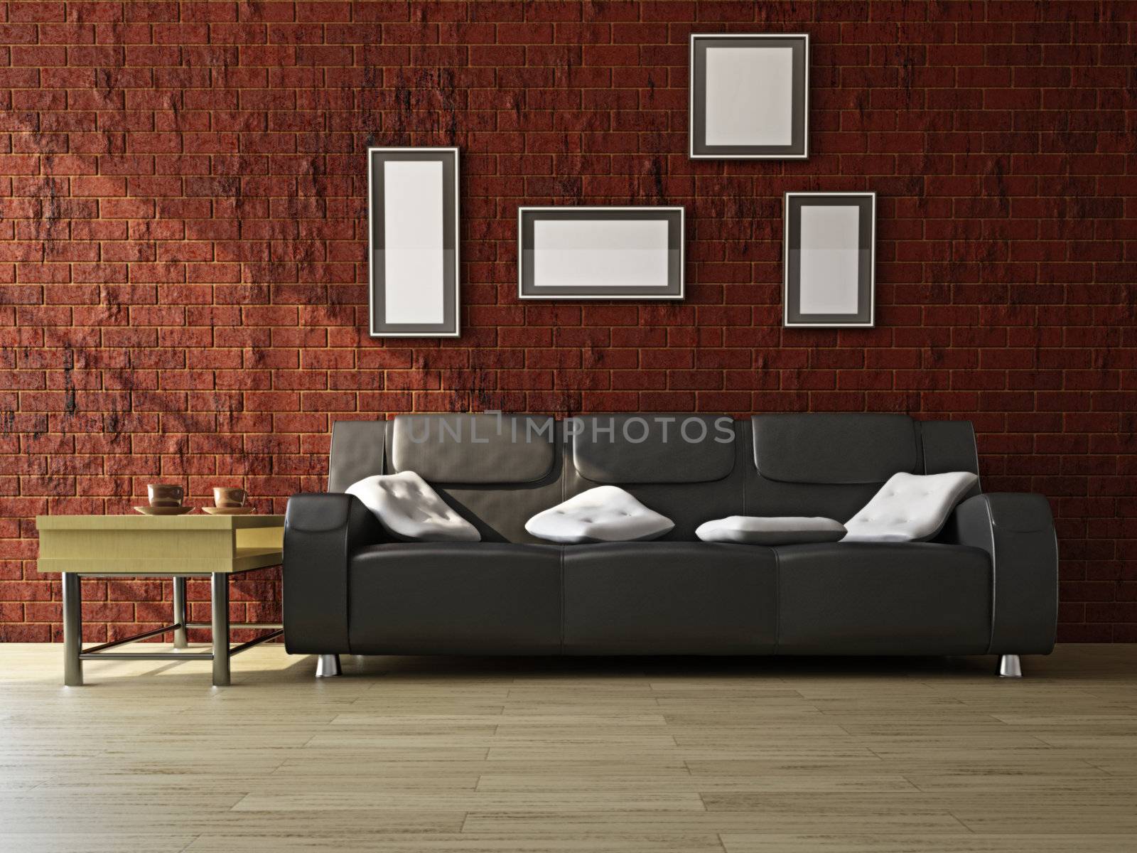 Black sofa and a table near the wall