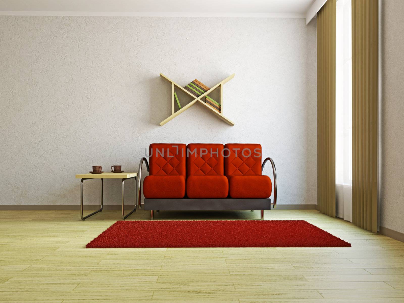 Red sofa in the livingroom near the window