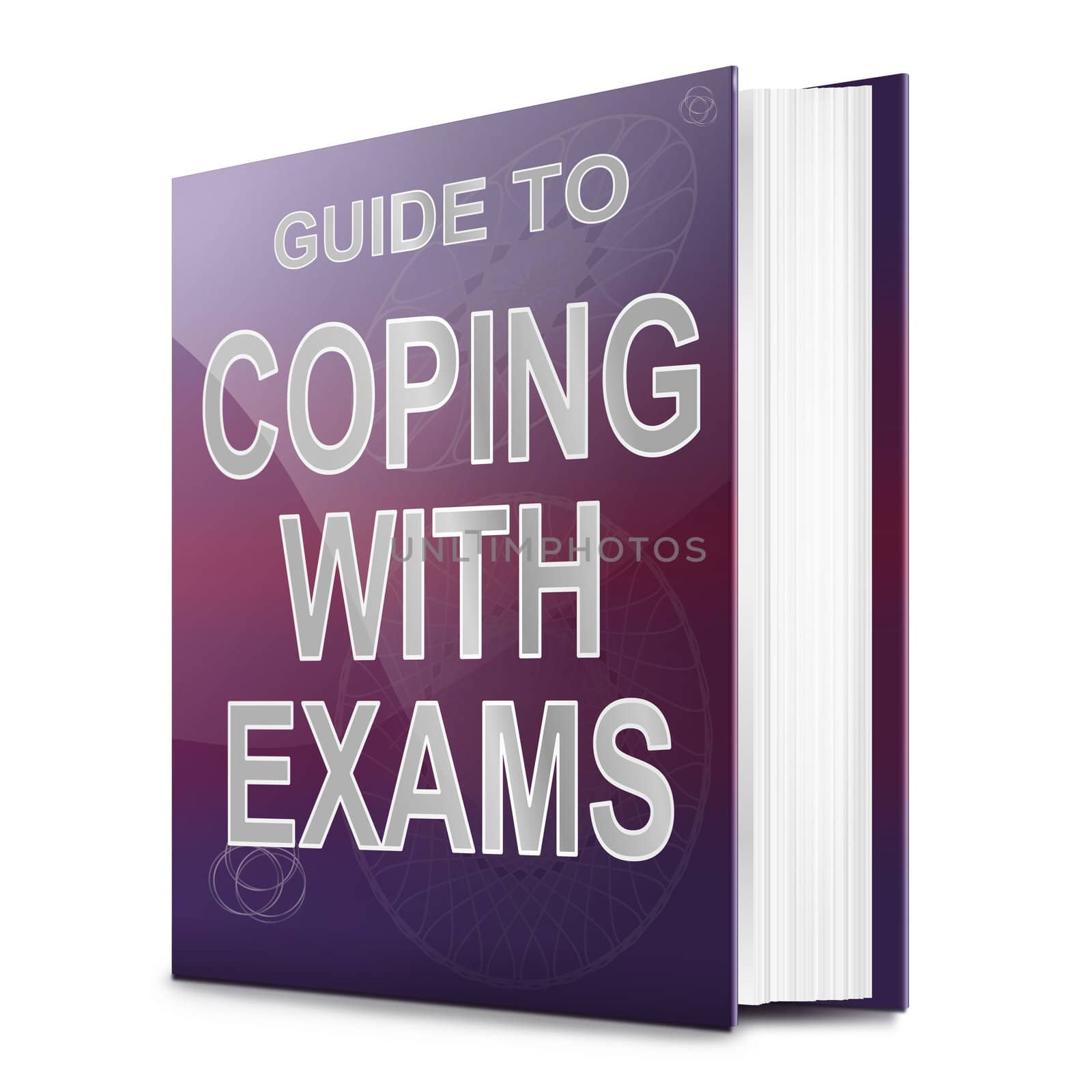 Illustration depicting a book with a coping with exams concept title. White background.