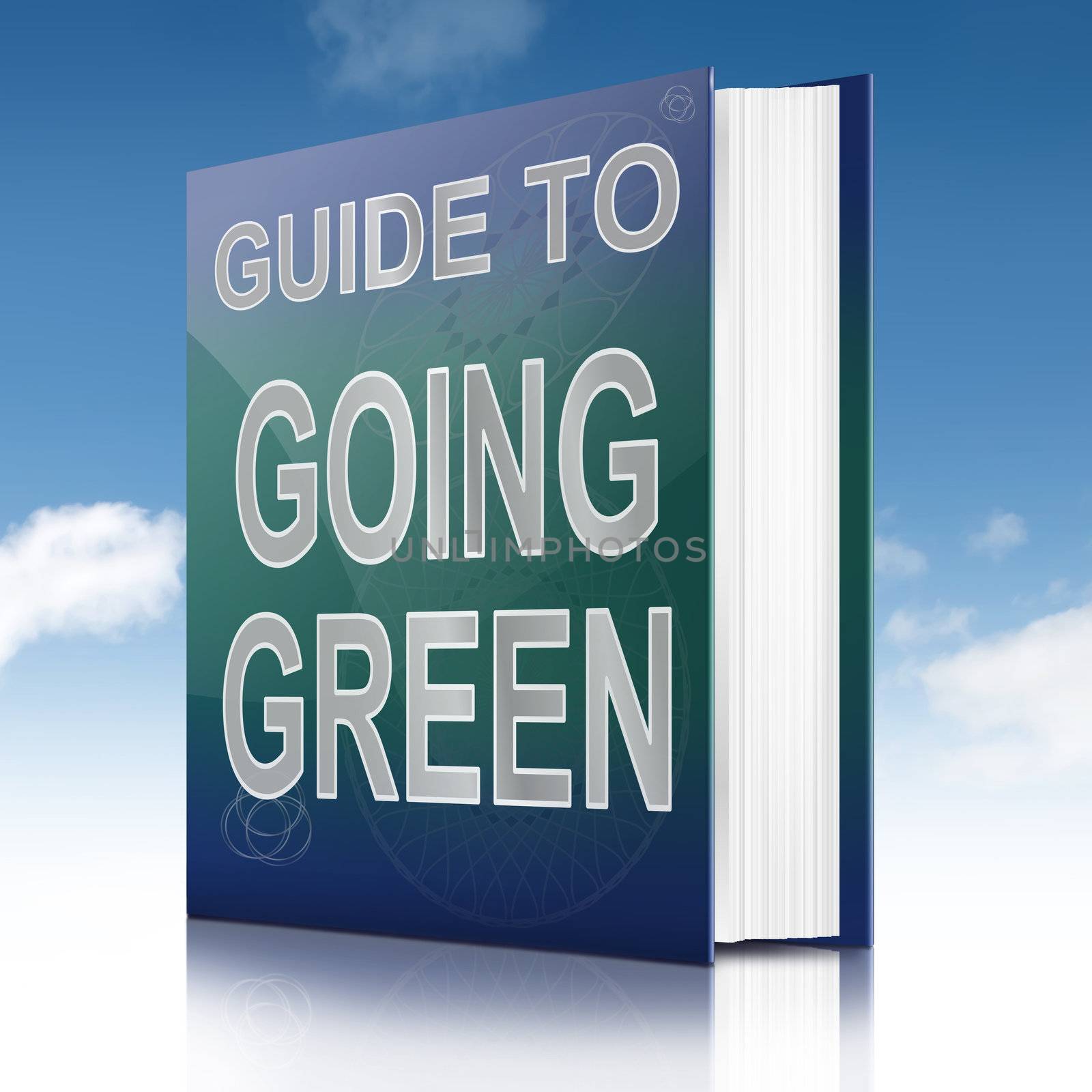 Illustration depicting a book with a going green concept title. White background.