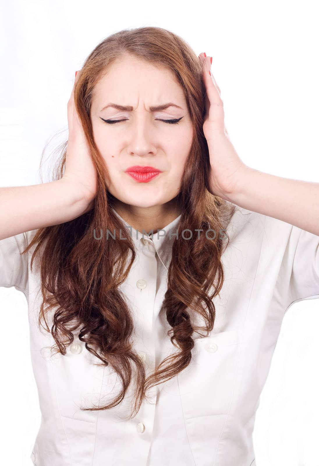 Frustrated she covers his ears with his hands, refusing to listen to
