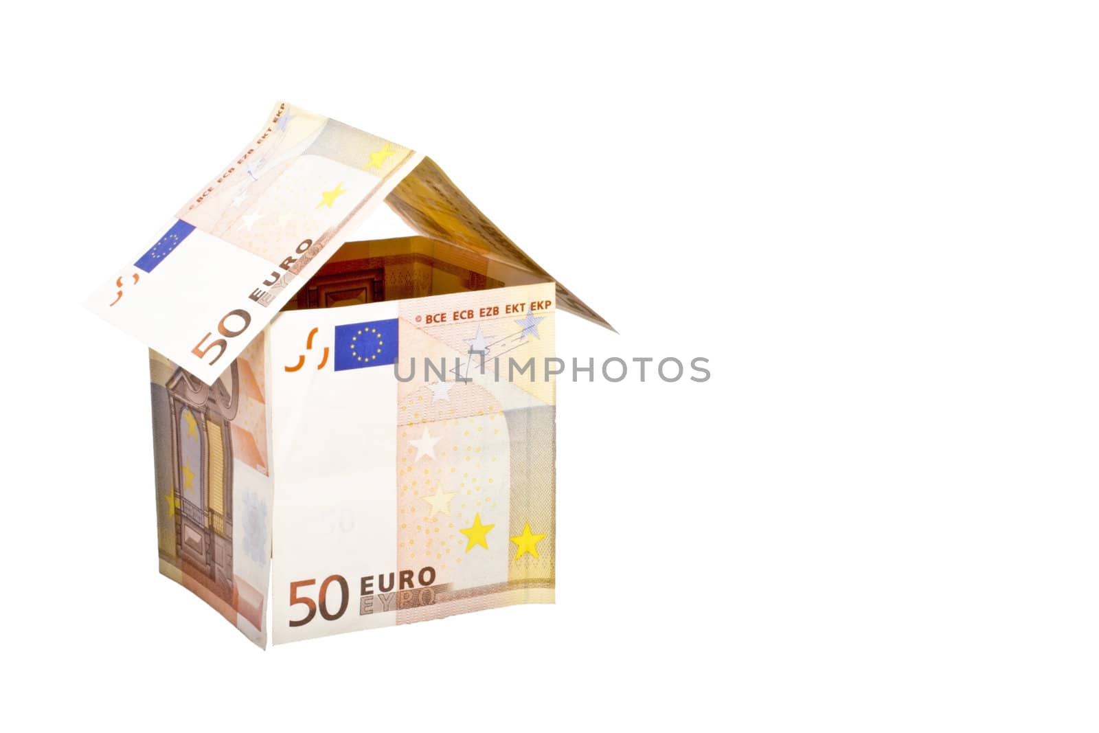 euro house made from banknotes on white background by devy