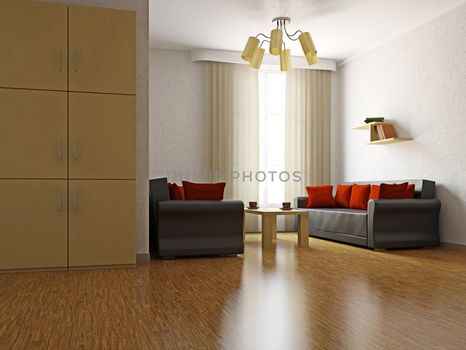 Livingroom with sofas and a table near  the window