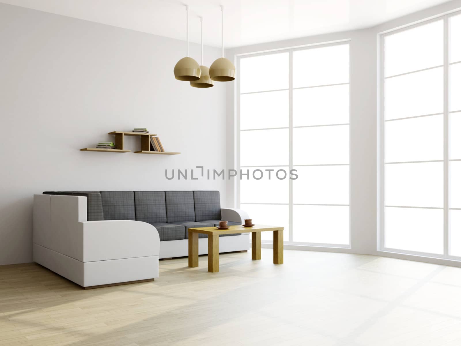 Sofa and a table in the livingroom near the window