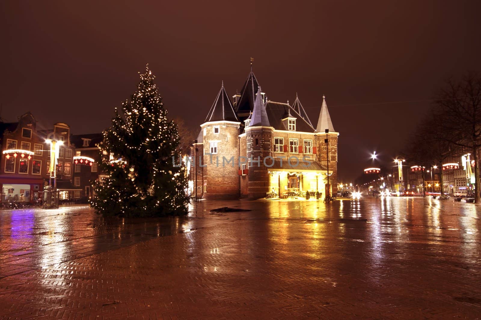 Christmas in Amsterdam at the Nieuwmarkt in the Netherlands by night