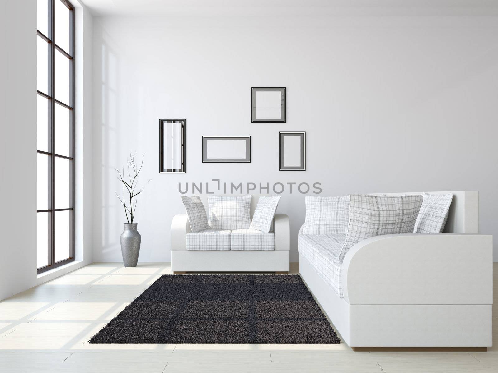 Livingroom with sofas and a vase near the windows