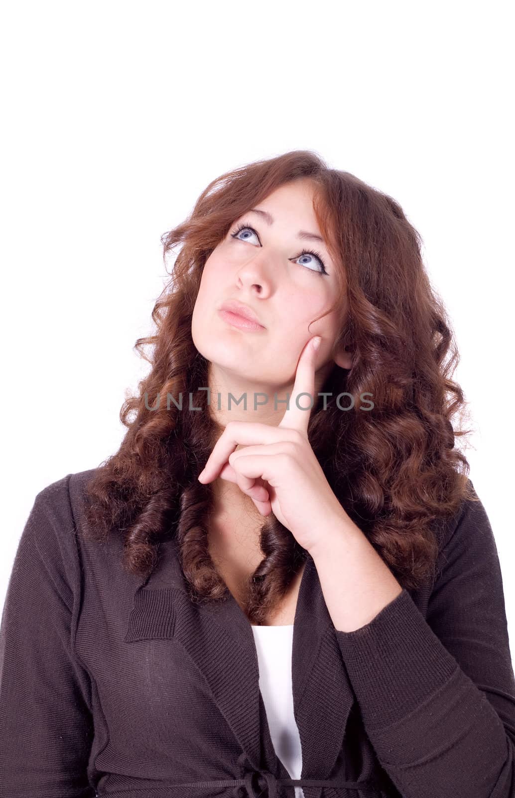 Closeup portrait of a young woman thinking and looking up isolated on white background
