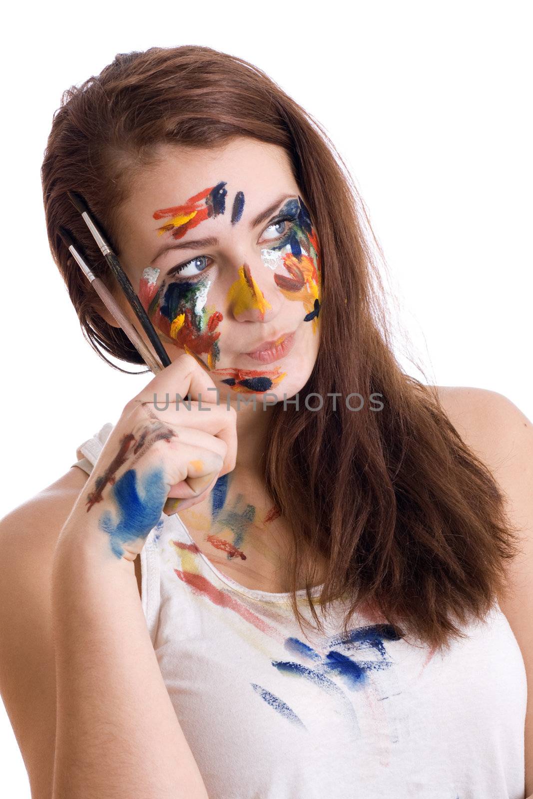 Beautiful girl with brushes. Isolated on white background.