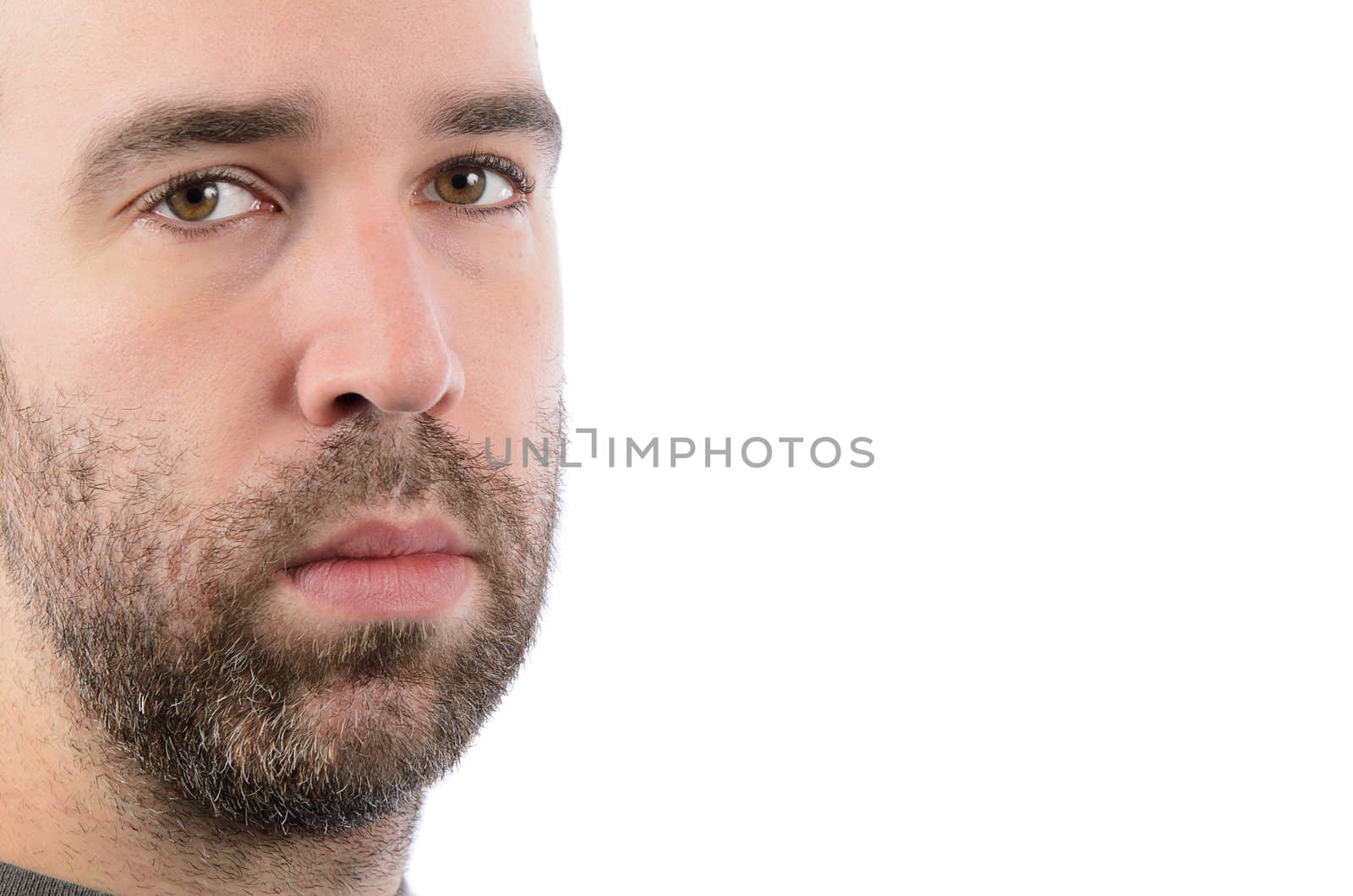 A bearded man looking at the camera, with copyspace on the right of the image.
