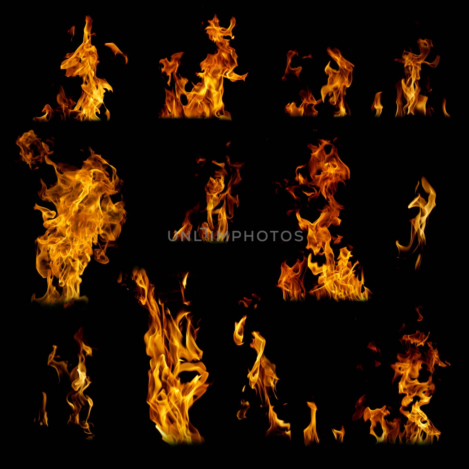 Assorted fire, flames collection on black background 