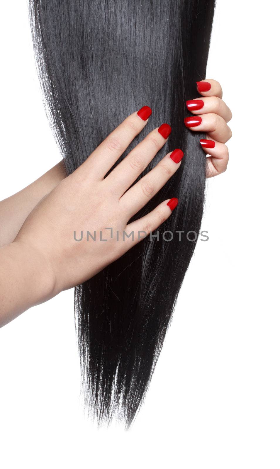 Long straight black hair with red nails
