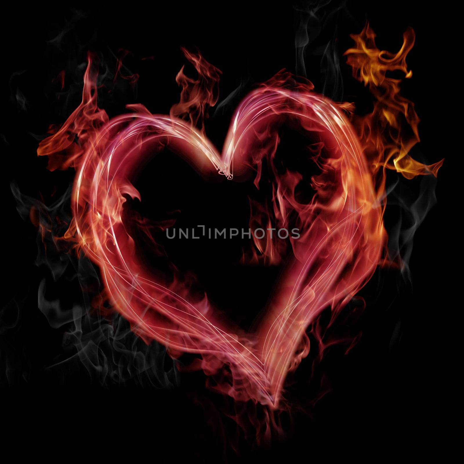 Flaming pink heart on black background