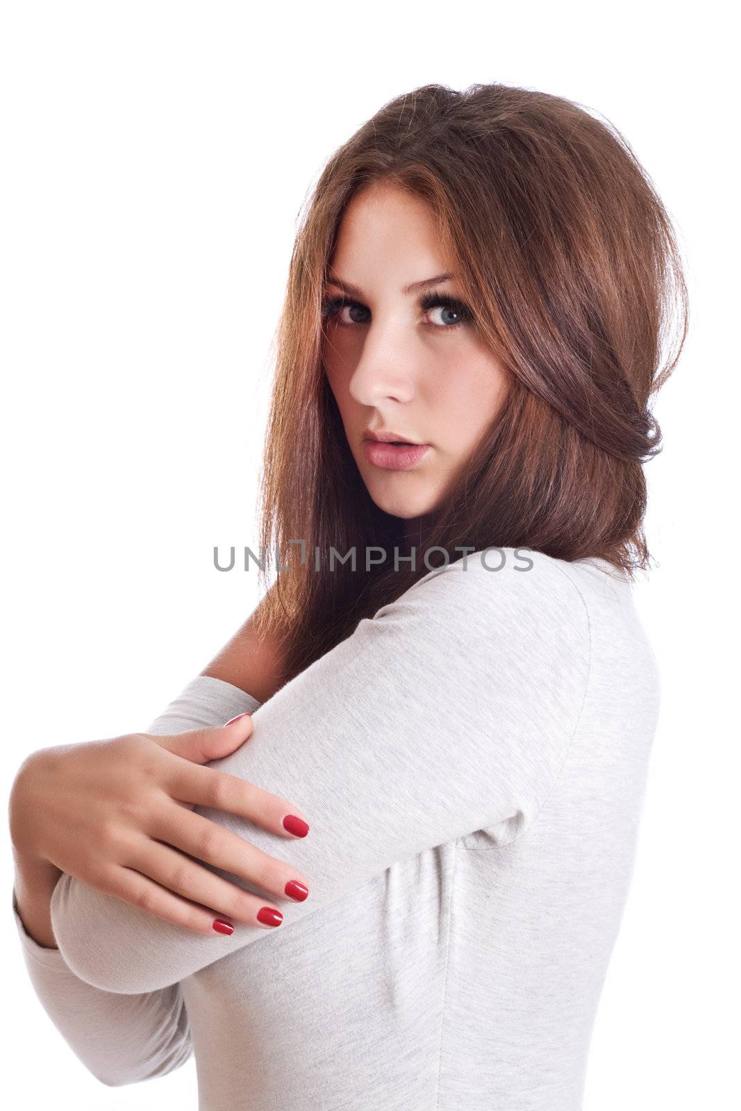 Portrait of a beautiful girl with piercing eyes isolated