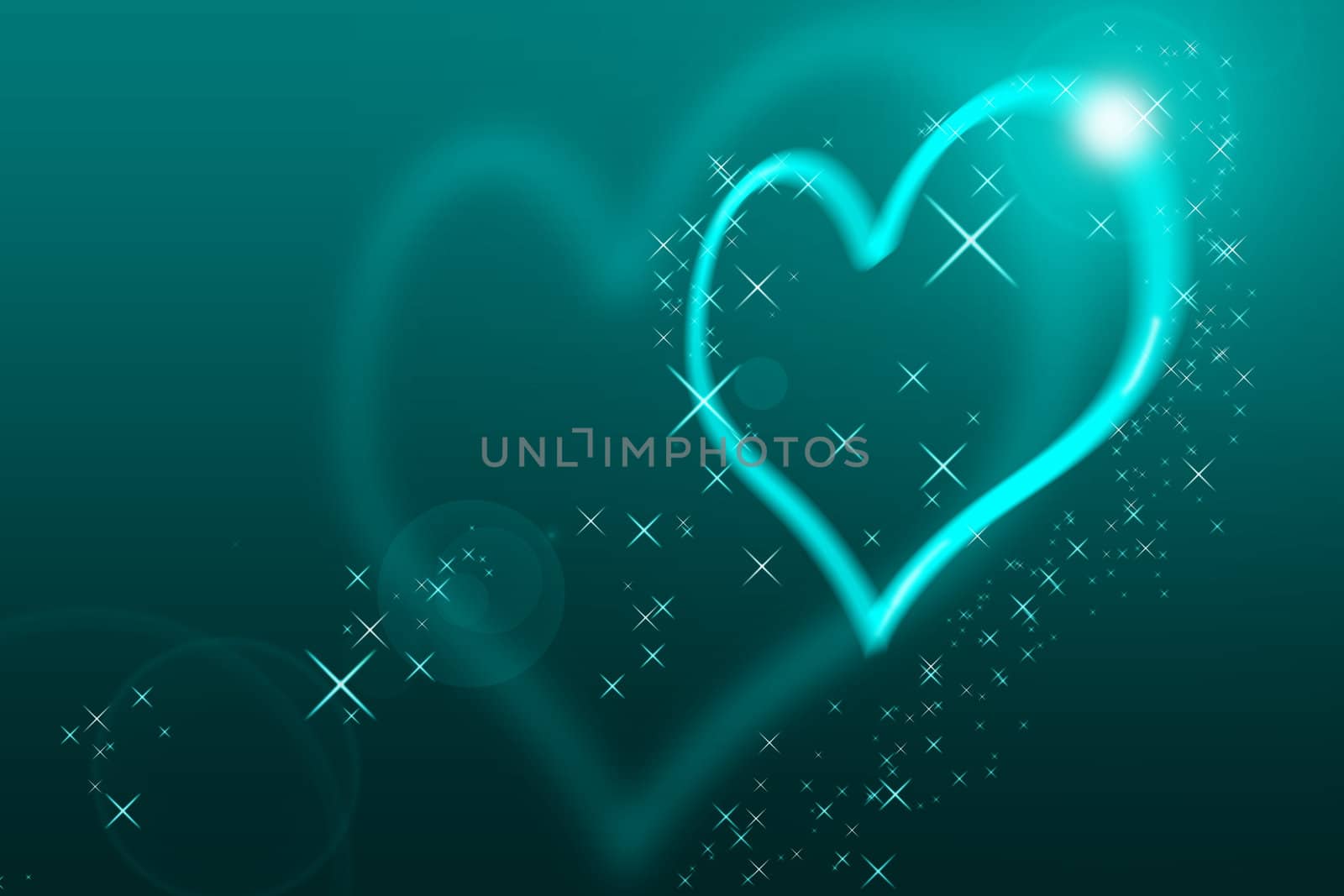 Valentines Day Card With blurred Hearts all in turquoise with lens flares