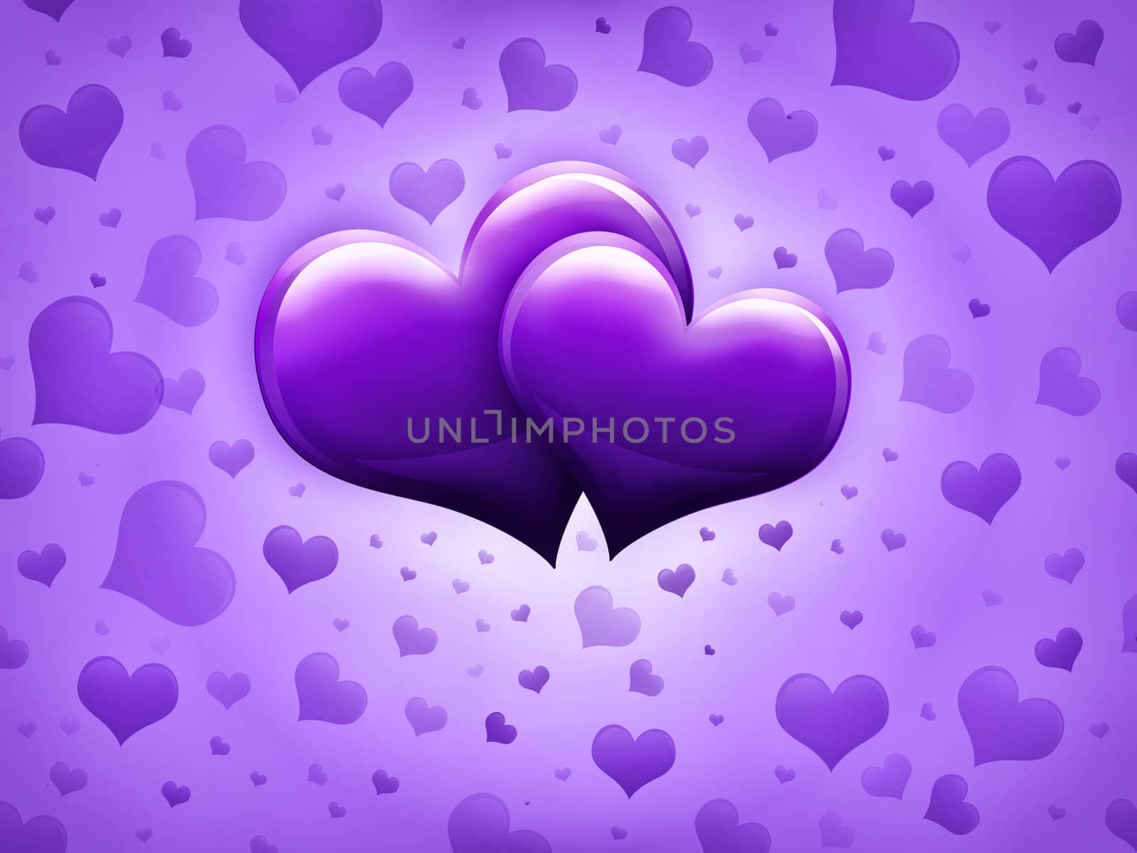 Valentines Day Card with two big purple hearts and many smaller hearts on a purple background