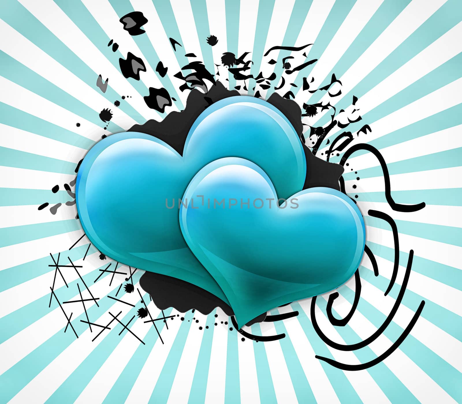 Valentines Day Card with two big turquoise hearts 