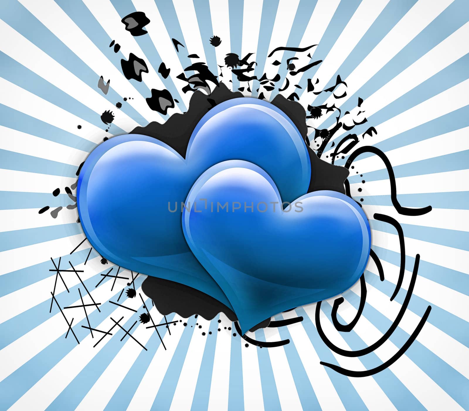 Valentines Day Card with two big blue hearts 