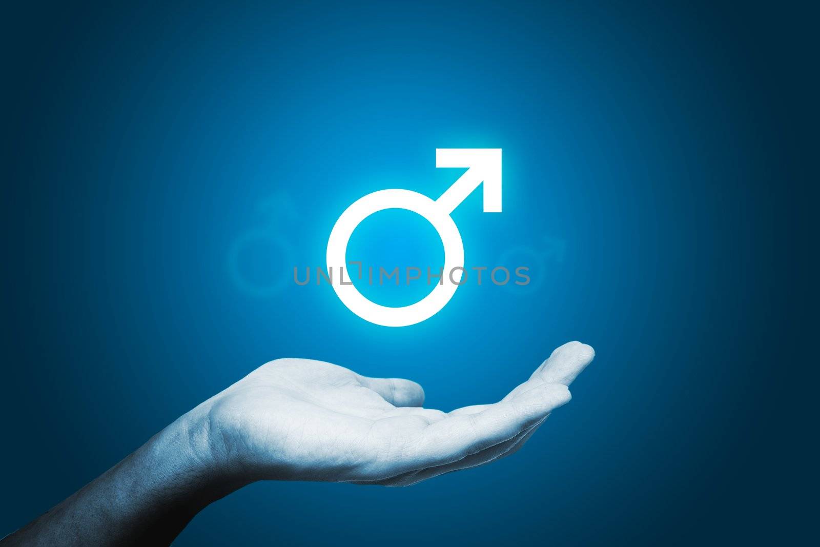 Shining male sex sign, man's hand on blue background by simpson33